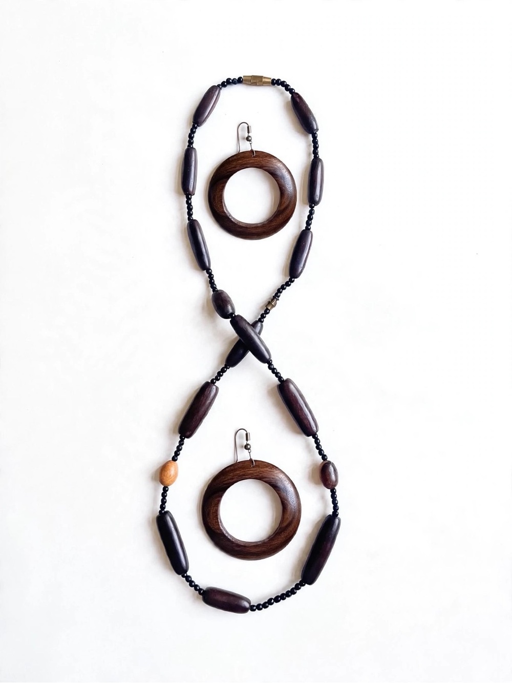 Wood Jewelry 3‑Piece Set–Long Necklace & Hoop Earrings